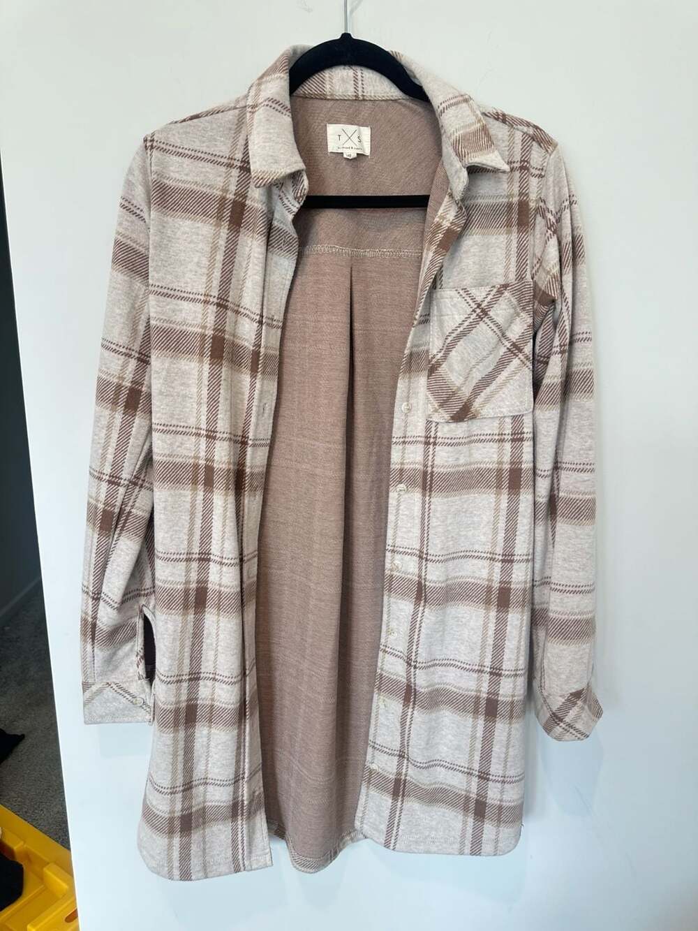 Thread & Supply Plaid Shacket Size XS Brown Cream Long Sleeve Shirt